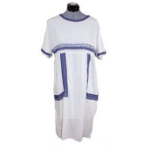 POLAGRAM Small White Midi Dress Boho Cottagecore Peasant A-line Prairie Modest